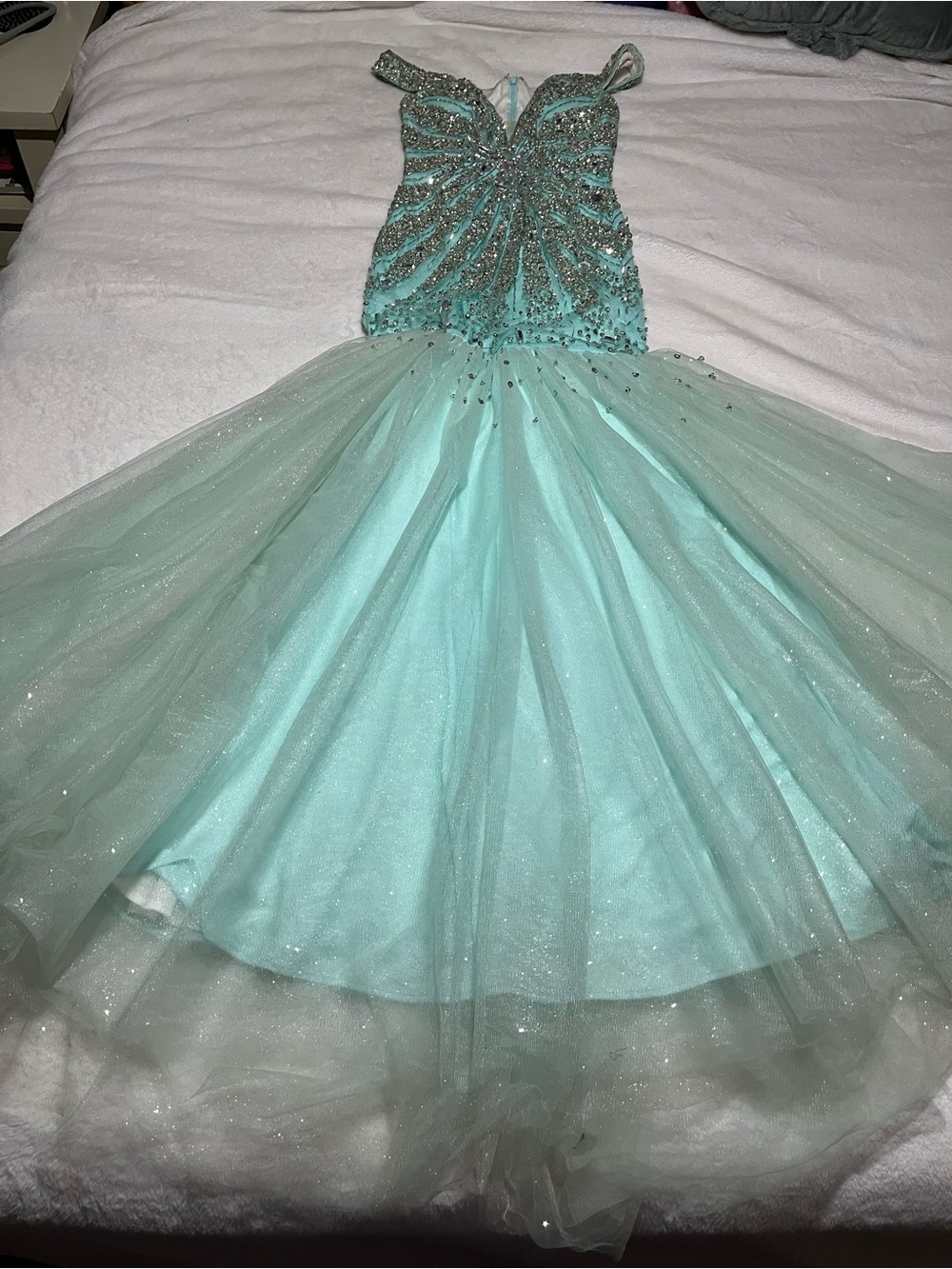Glamour by Terrani Couture Sparkle Tulle Mermaid Prom Dress- Mint Green